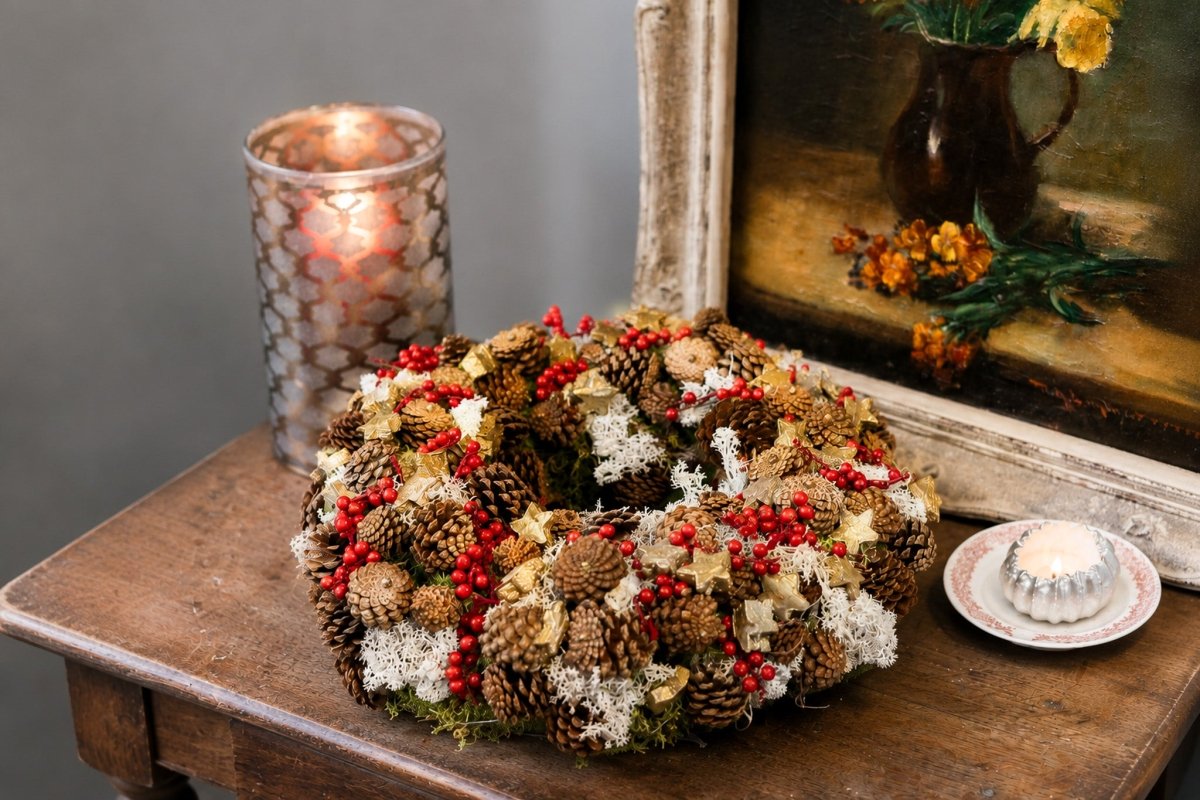 Rode dennenkrans met mos (±35 cm⌀) - bloemschikmaterialen.com
