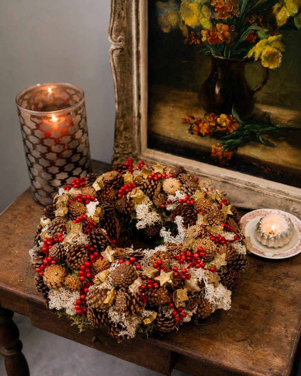 Rode dennenkrans met mos (±35 cm⌀) - bloemschikmaterialen.com