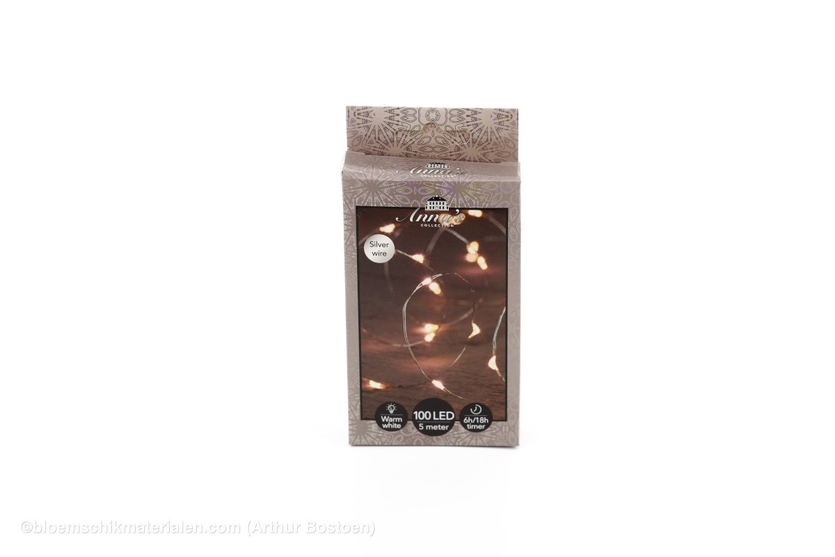 VERLICHTING OP BATTERIJEN (ZONDER BATTERIJ!) INDOOR ZILVERDRAAD 100L/2.5M LED WARM WIT - 10CM AANLOOPSNOER TRANSPARANT + TIMER - bloemschikmaterialen.com